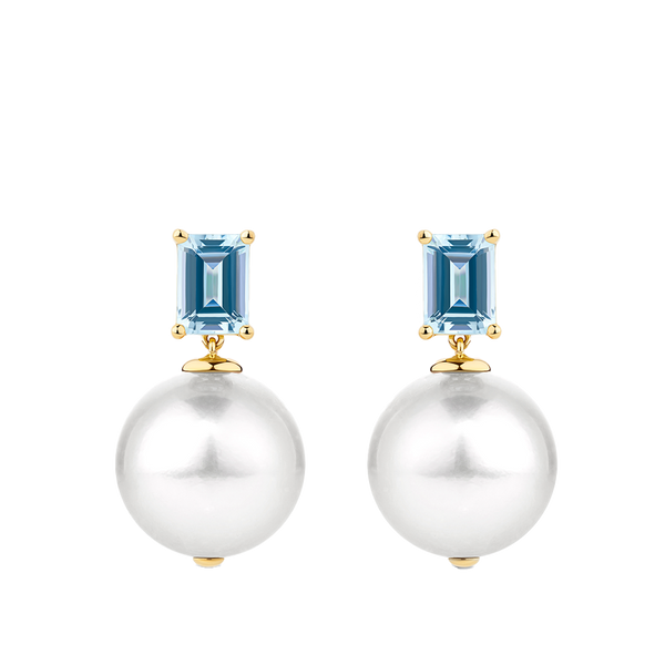 Australian South Sea Pearl and Aquamarine Drop Earrings in 18ct Yellow Gold