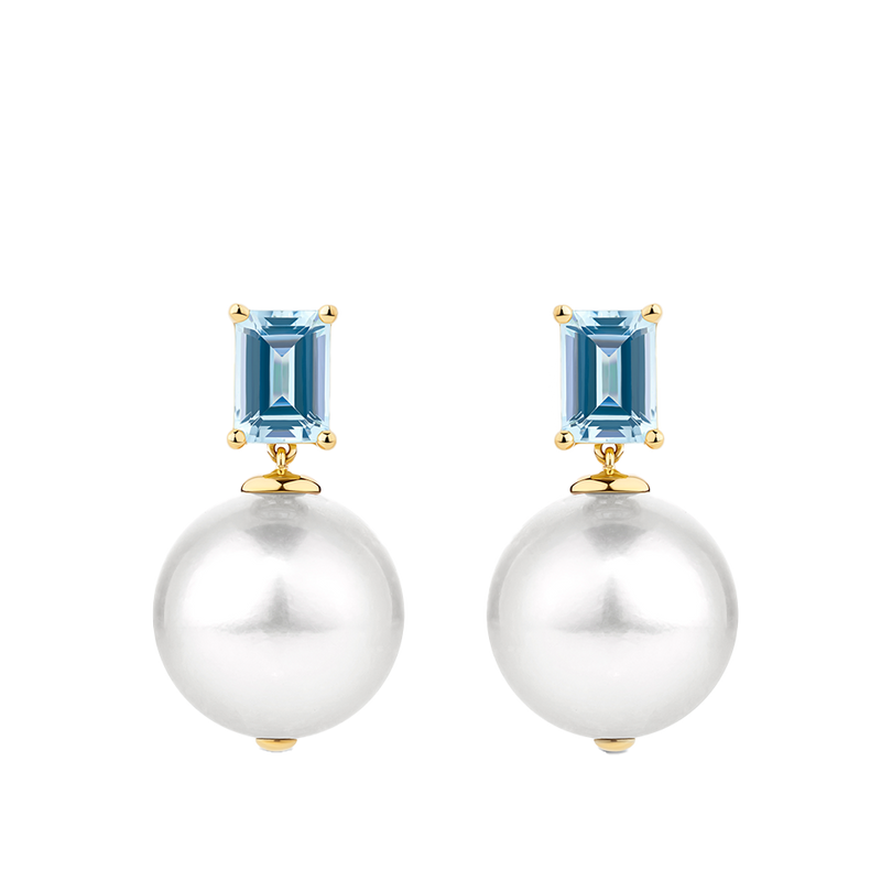 Australian South Sea Pearl and Aquamarine Drop Earrings in 18ct Yellow Gold