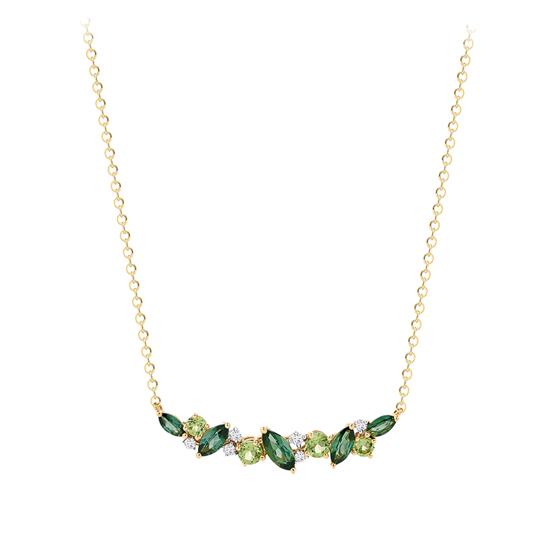 Elysian Tourmaline Peridot and Diamond Cluster Necklace in 18ct Yellow Gold