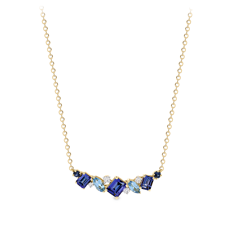 Elysian Tanzanite Topaz Sapphire and Diamond Necklace Cluster in 18ct Yellow Gold