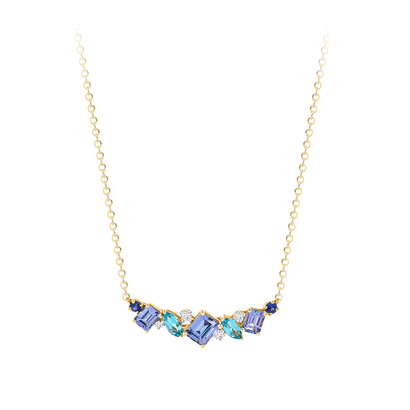 Elysian Tanzanite Topaz Sapphire and Diamond Necklace Cluster in 18ct Yellow Gold