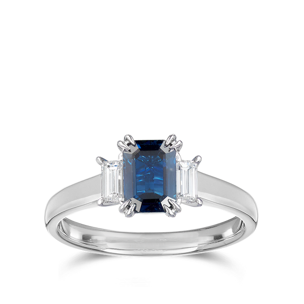 Emerald Cut Sapphire and Diamond Ring in 18ct White Gold