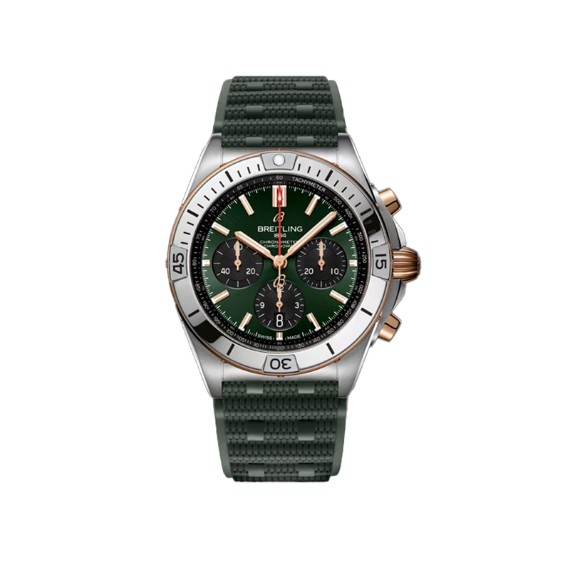 Breitling Chronomat B01 Chronograph Green Stainless Steel 18ct Rose Hardy Brothers Jewellers