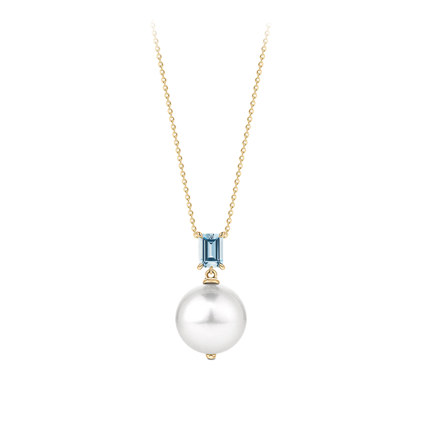 Aquamarine and South Sea Pearl Pendant in 18ct Yellow Gold