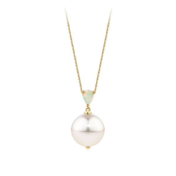 Australian Opal and South Sea Pearl Pendant in 18ct Yellow Gold