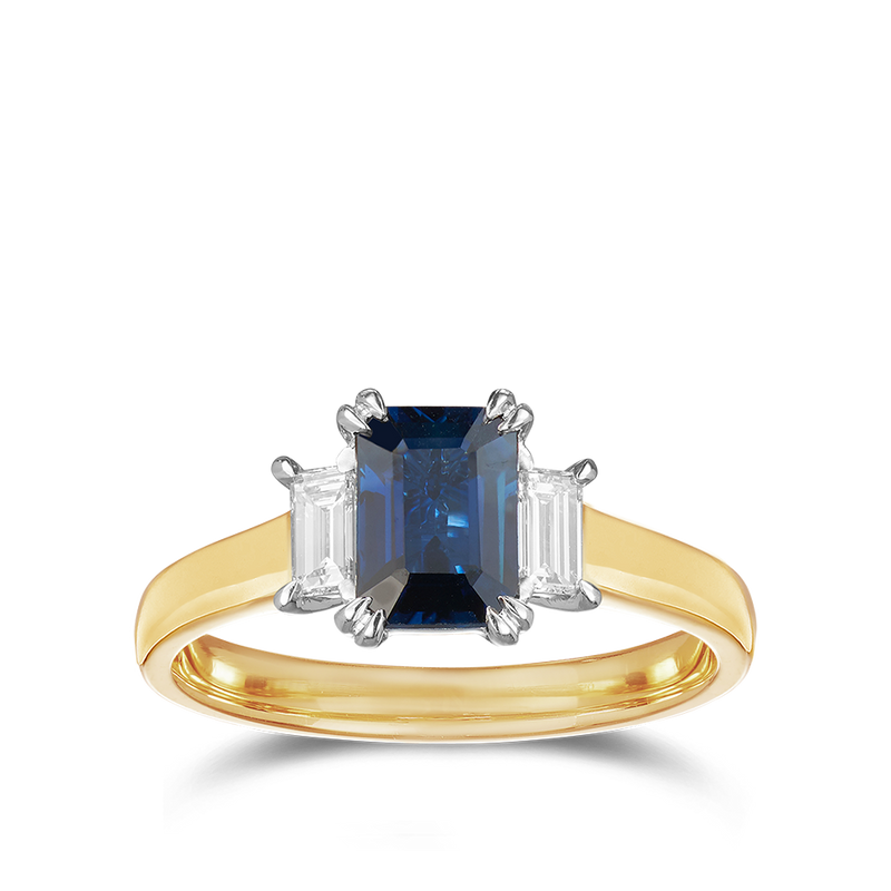 Emerald Cut Sapphire and Diamond Ring in 18ct Yellow Gold