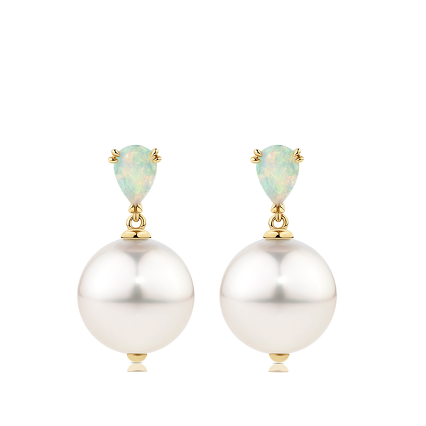 Australian Opal and South Sea Pearl Earrings in 18ct Yellow Gold