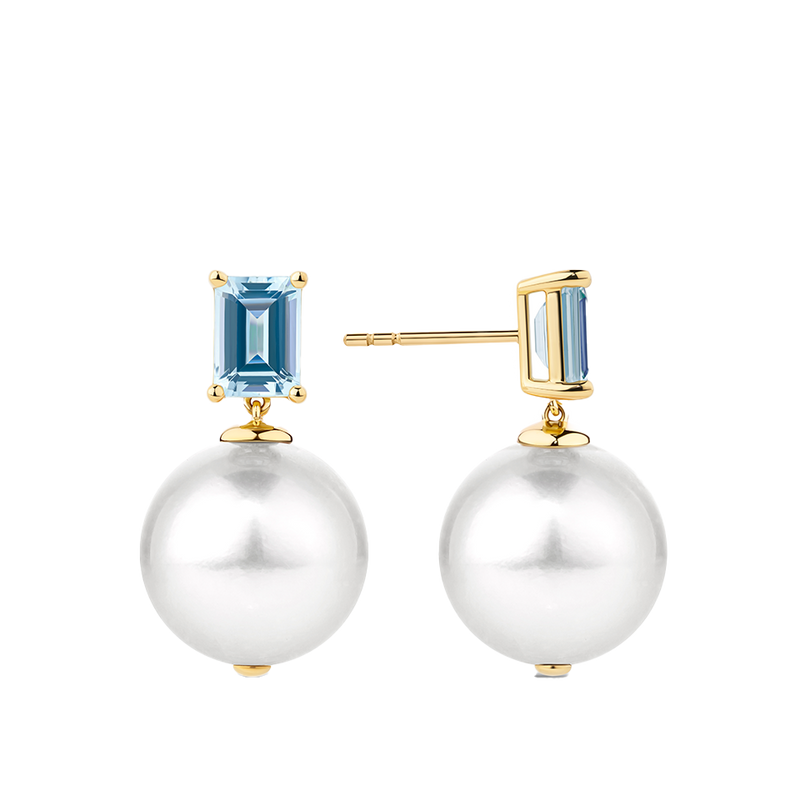 Australian South Sea Pearl and Aquamarine Drop Earrings in 18ct Yellow Gold