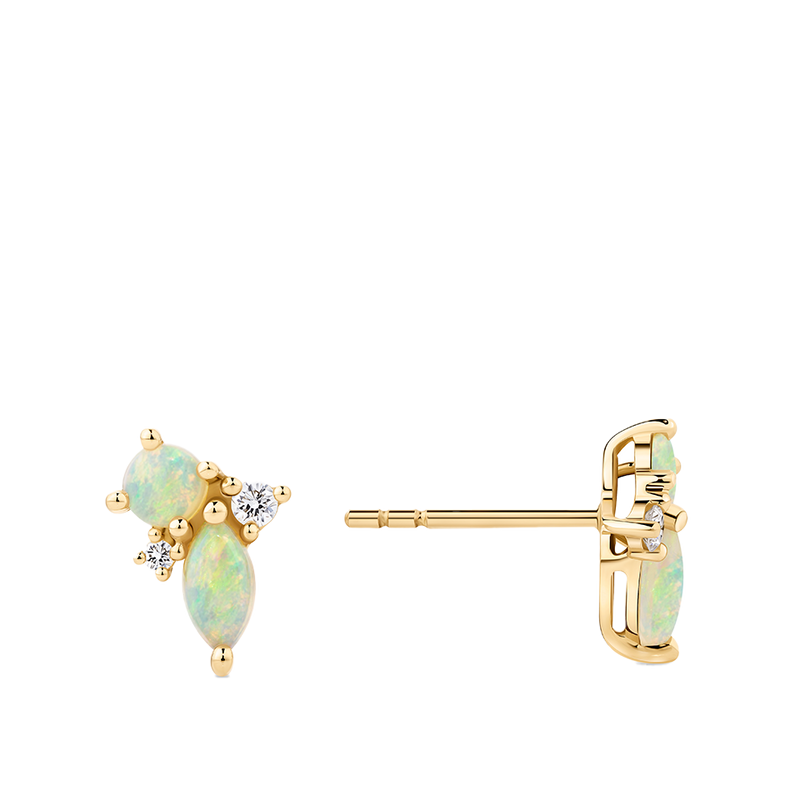 Elysian Diamond and Australian Opal Cluster Stud Earrings in 18ct Yellow Gold